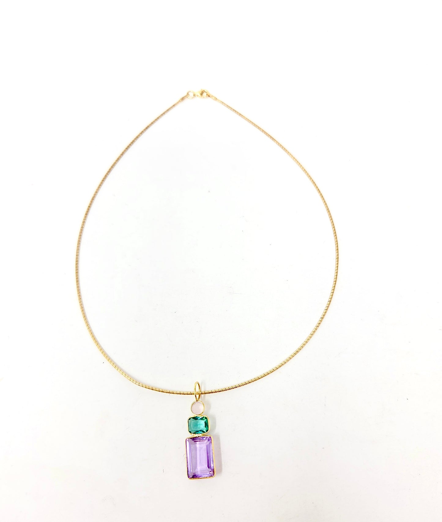 Omega Necklace with Bezel Set Three Gemstone Pendant