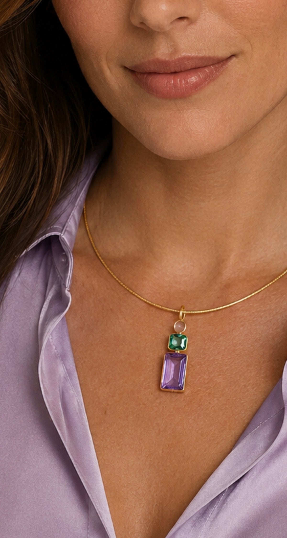 Omega Necklace with Bezel Set Three Gemstone Pendant