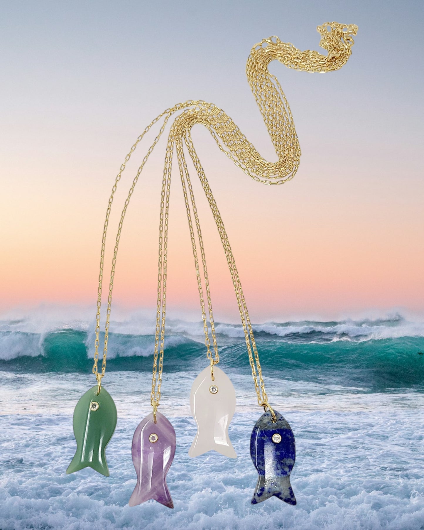 GEMSTONE FISH ON LONG GOLD FILL NECKLACE