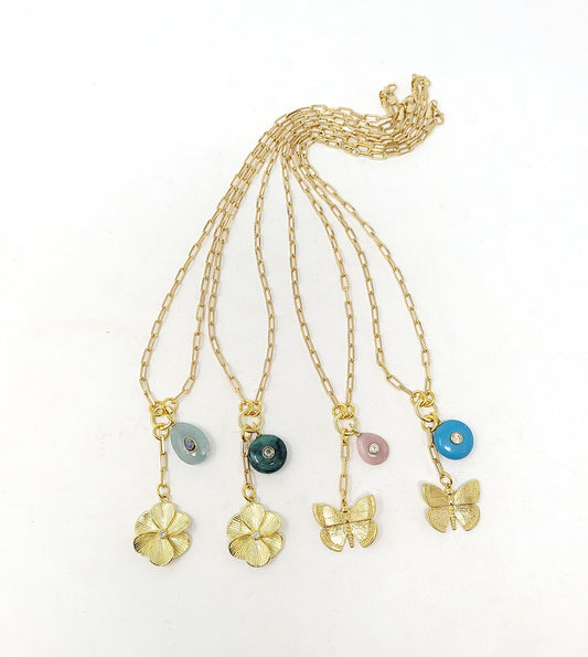 PAPERCLIP CHAIN GEMSTONE 2 CHARM NECKLACE
