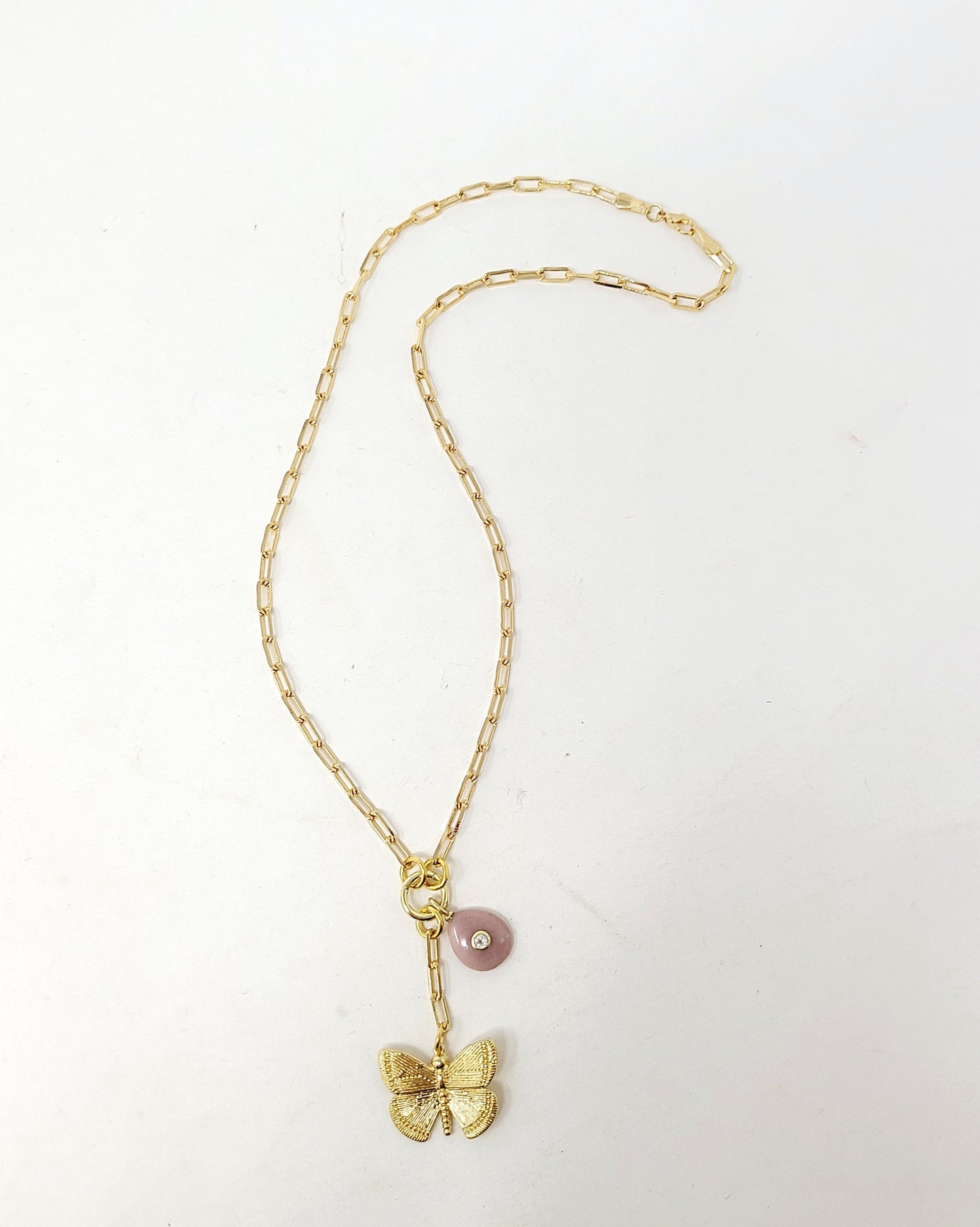 PAPERCLIP CHAIN GEMSTONE 2 CHARM NECKLACE