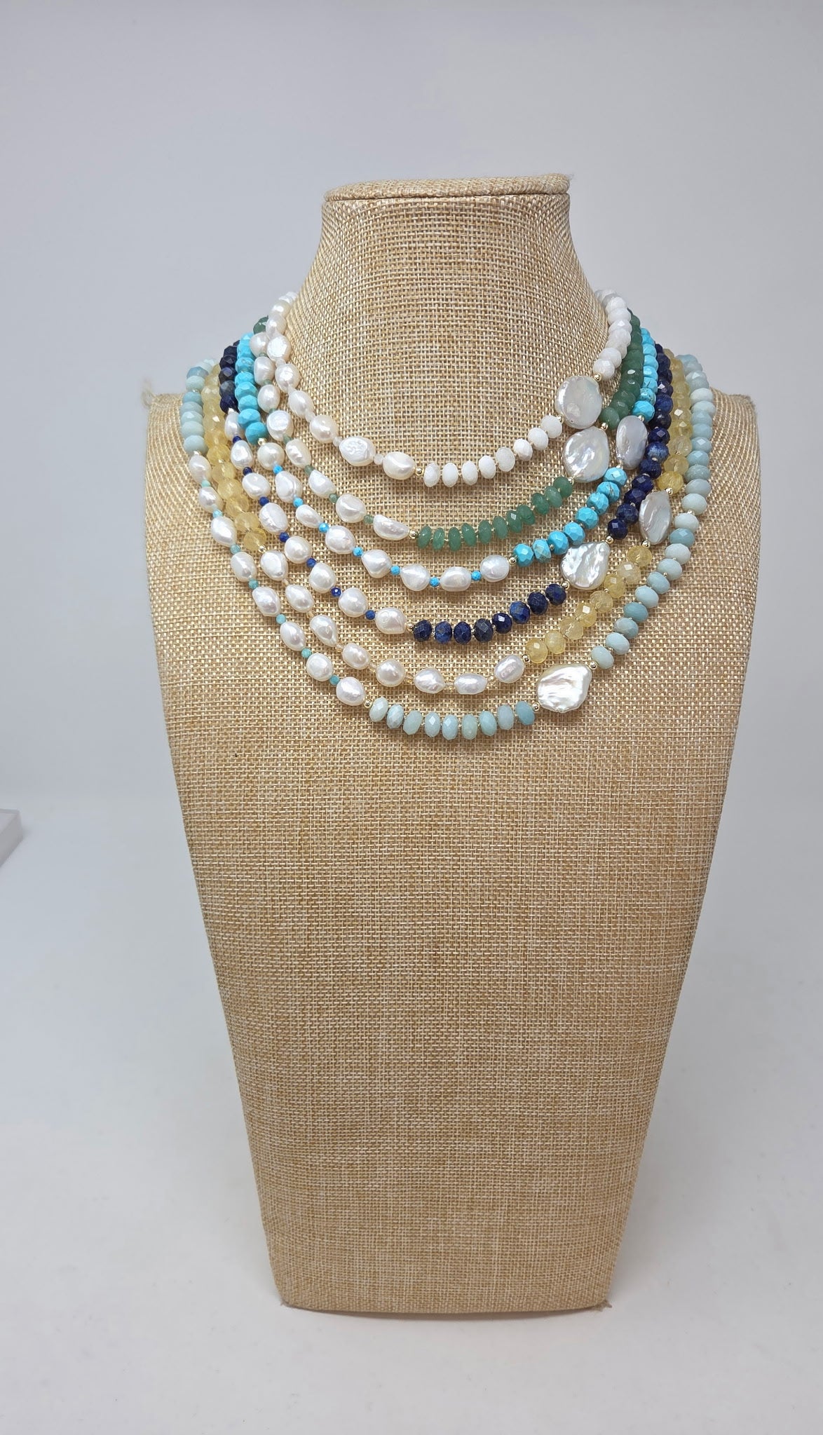 Knotted Gemstone Rondelles and Pearls Short Necklace