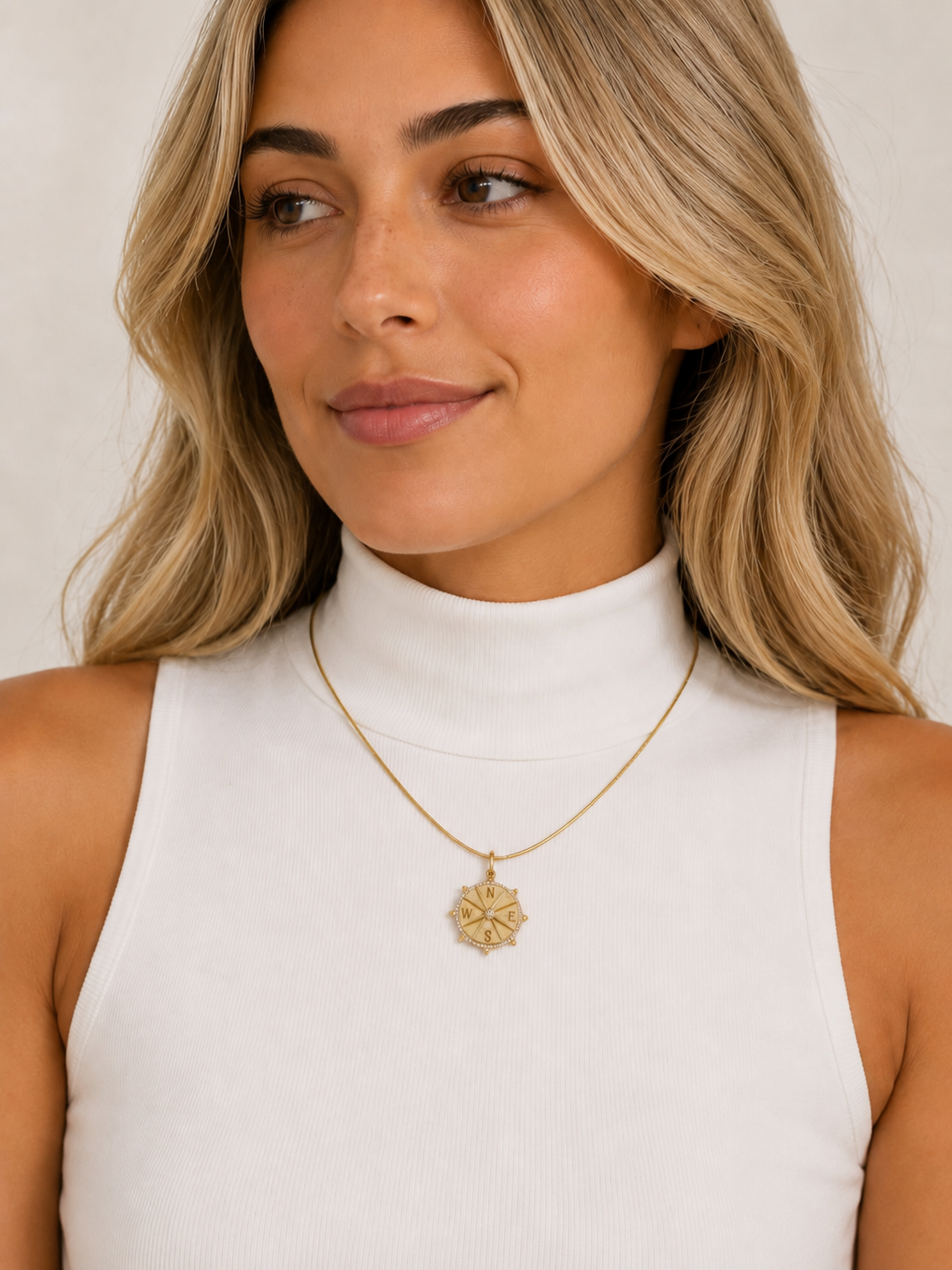 Gold Omega Necklace with Compass Charm