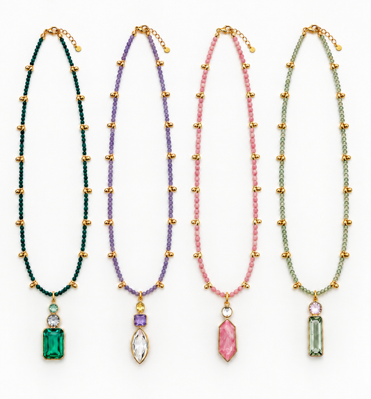 Gemstone and Gold Beaded Necklace with Gemstone Bezel Pendant