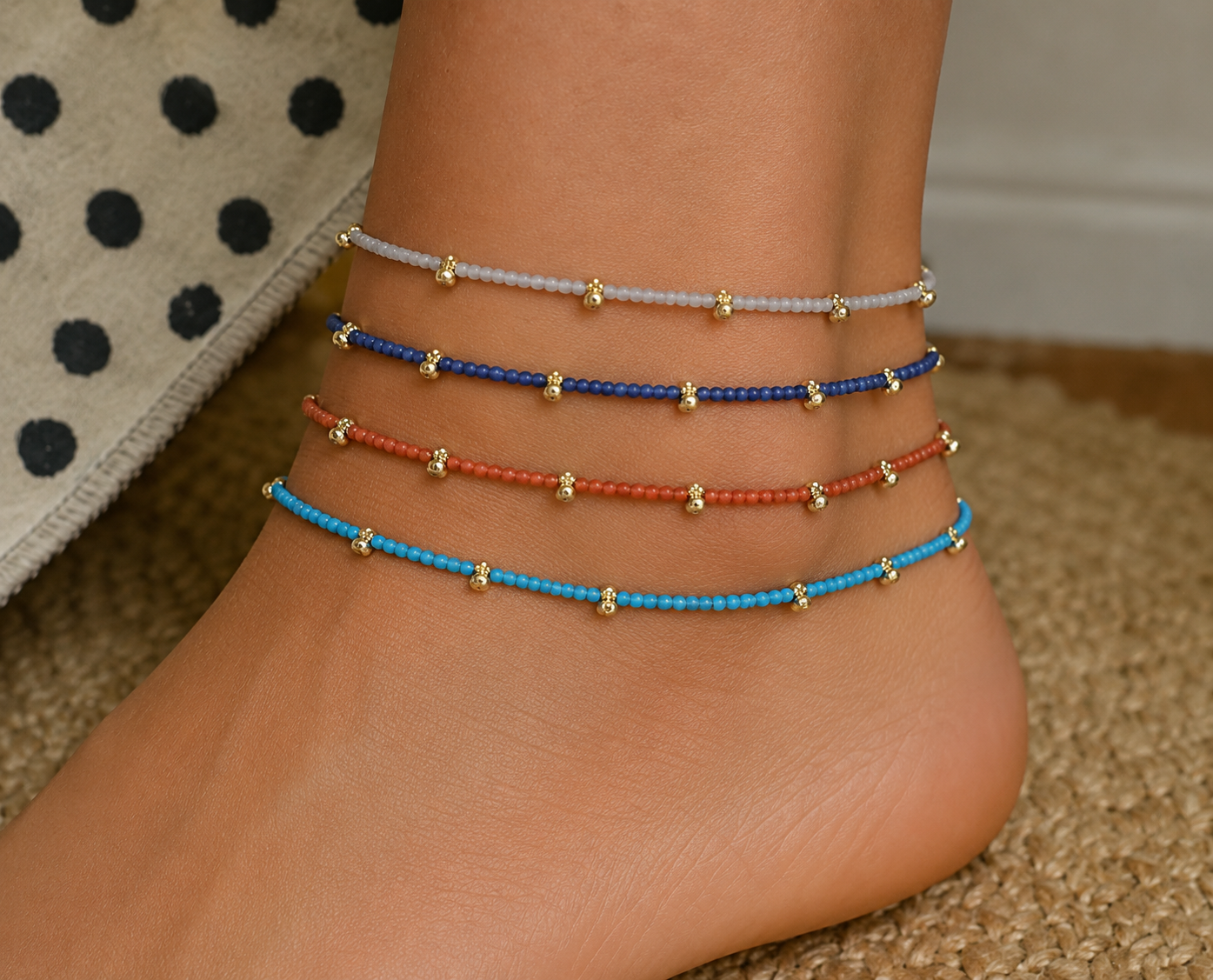 Gemstone Beaded Anklet with Gold Beads