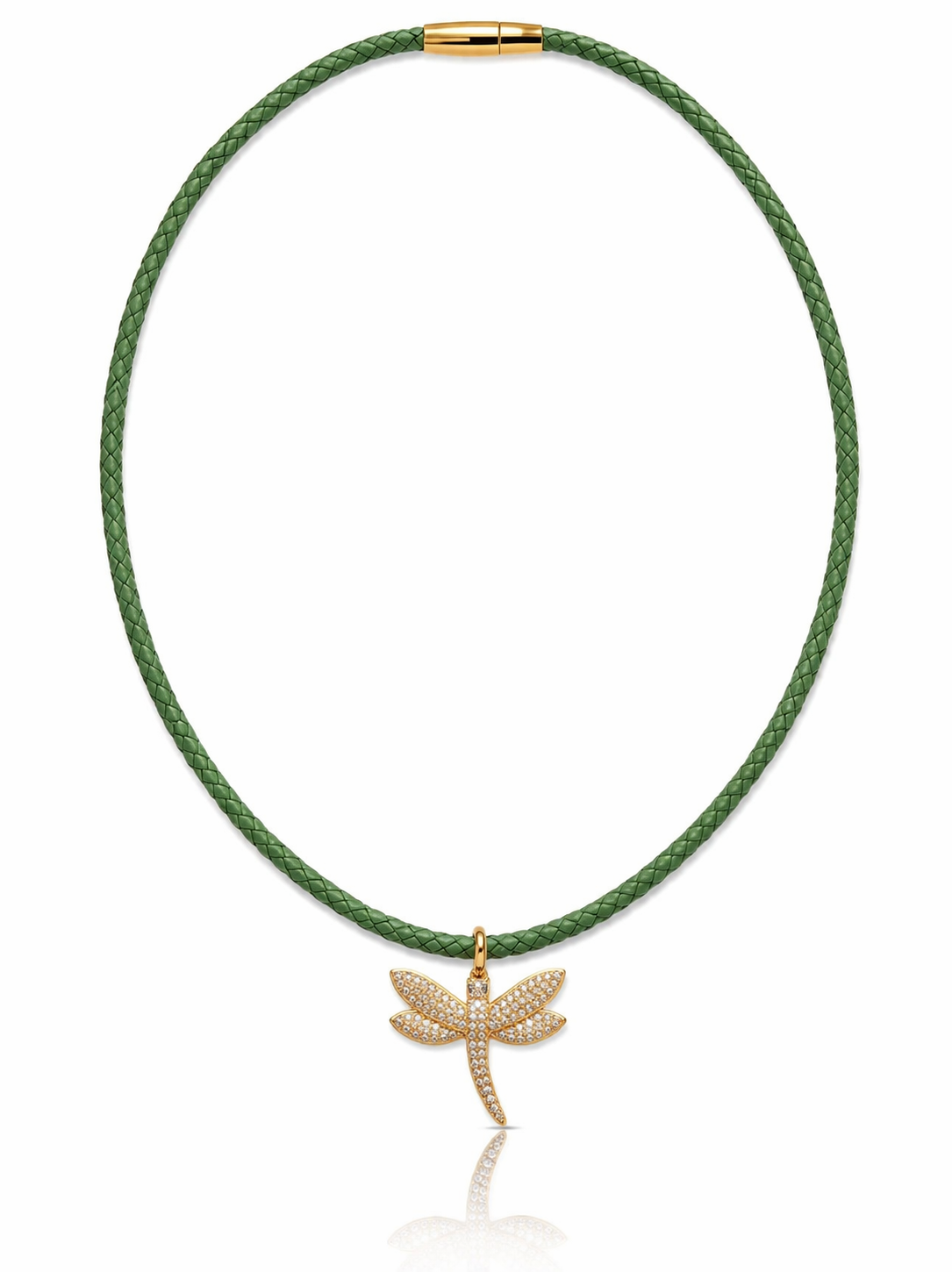 Braided green cord necklace with dragonfly charm