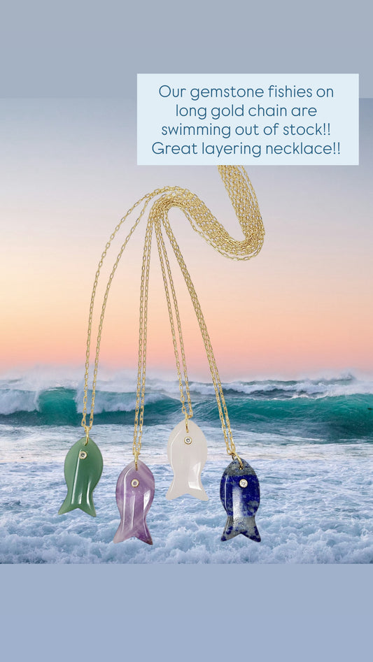 GEMSTONE FISH ON LONG GOLD FILL NECKLACE