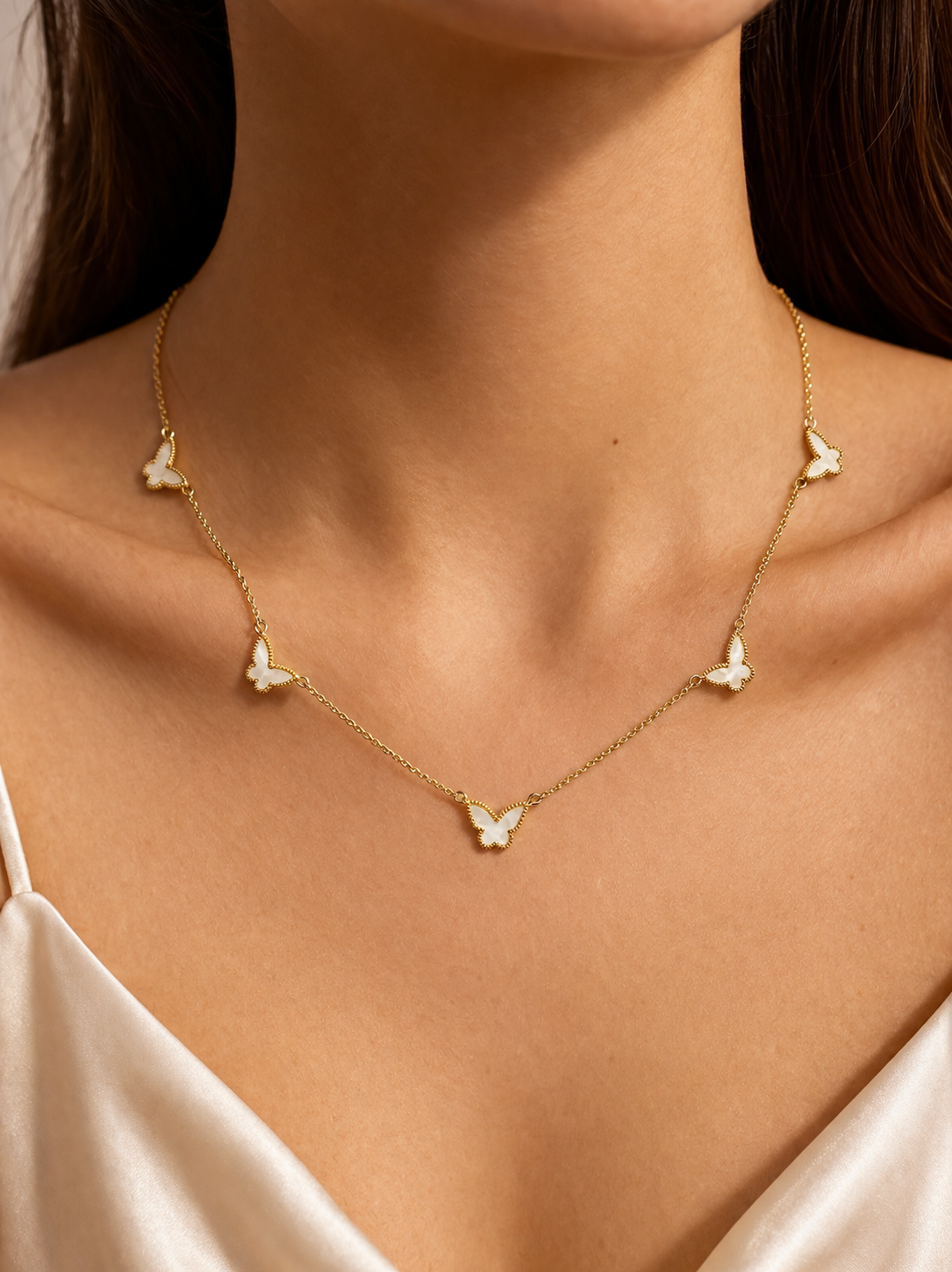 6 mother of pearl butterfly 16" with 2" extension in gold vermeil