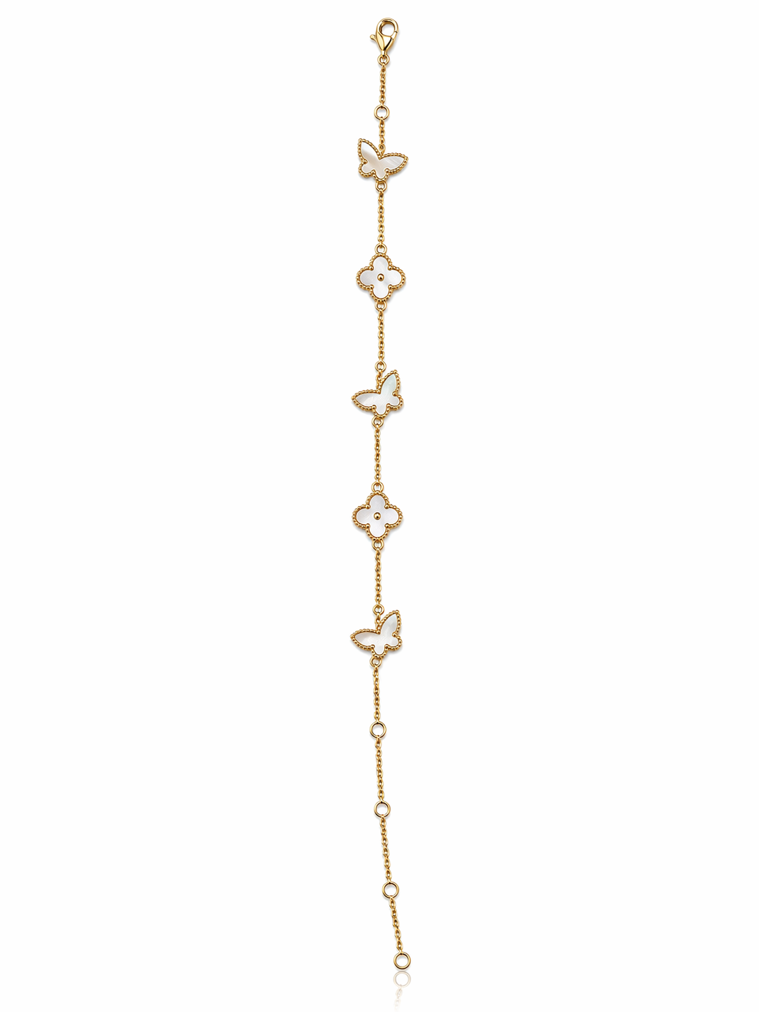 Mother of pearl bracelet with 3 butterflies and two clovers in gold vermeil