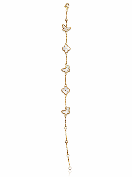 Mother of pearl bracelet with 3 butterflies and two clovers in gold vermeil