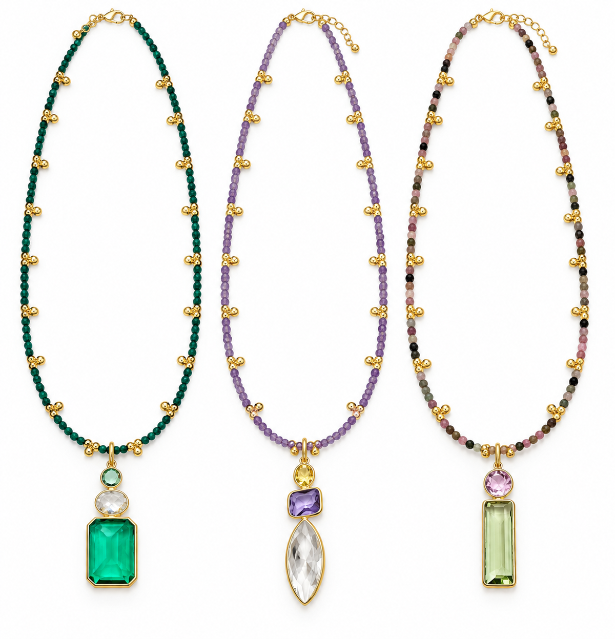 Gemstone and Gold Beaded Necklace with Gemstone Bezel Pendant