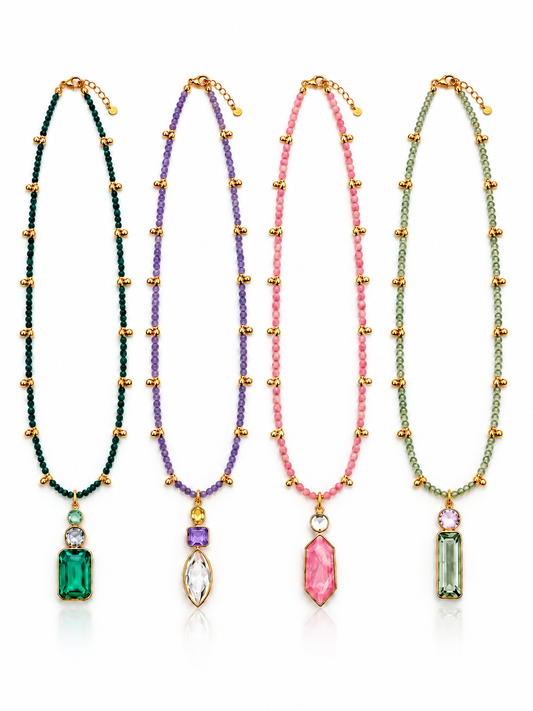 Gemstone and Gold Beaded Necklace with Gemstone Bezel Pendant