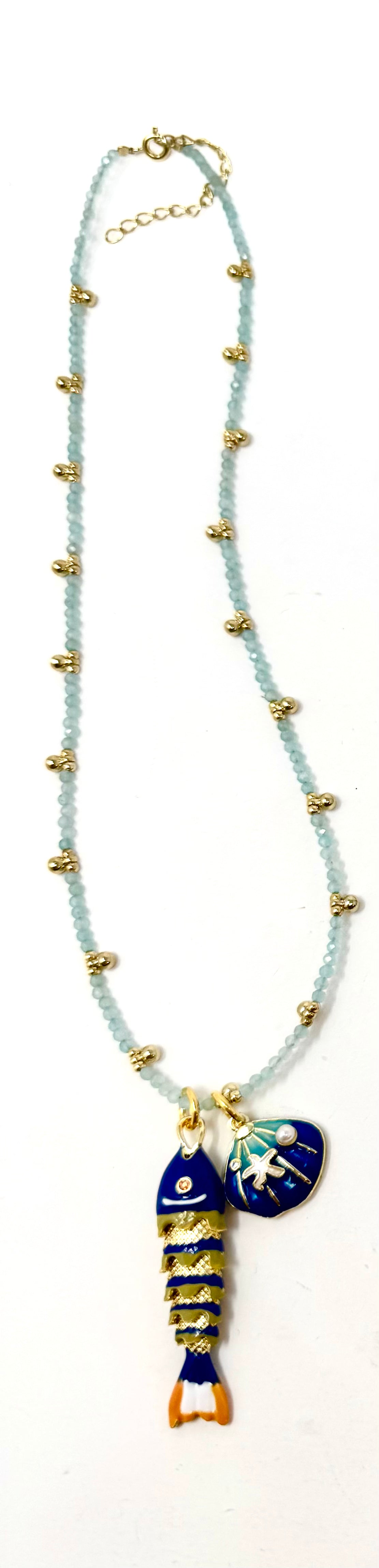 ARTICULATED FISH ON GEMSTONE BEADED NECKLACE