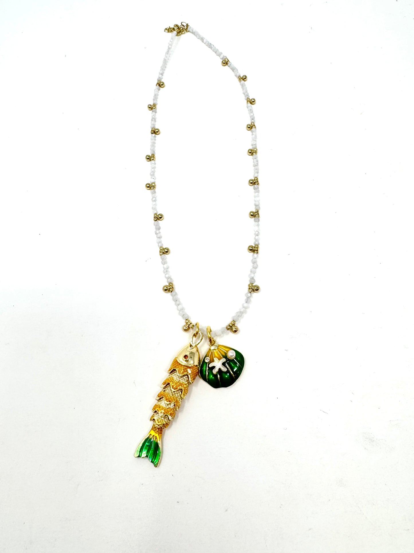 ARTICULATED FISH ON GEMSTONE BEADED NECKLACE