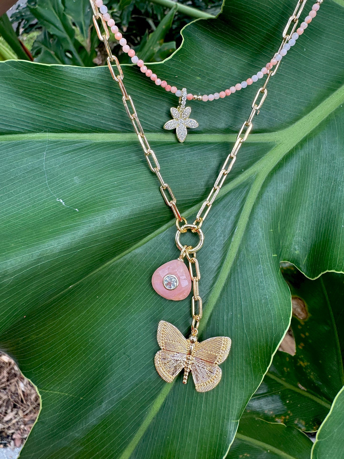 PAPERCLIP CHAIN GEMSTONE 2 CHARM NECKLACE