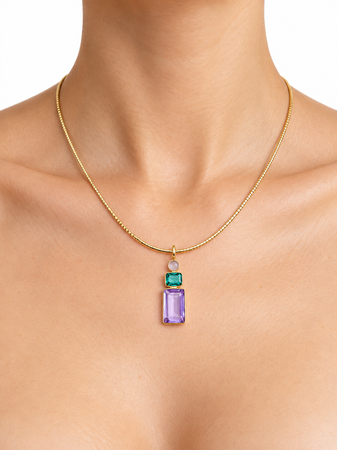 Omega Necklace with Bezel Set Three Gemstone Pendant