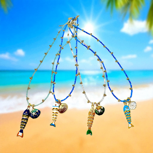 ARTICULATED FISH ON GEMSTONE BEADED NECKLACE