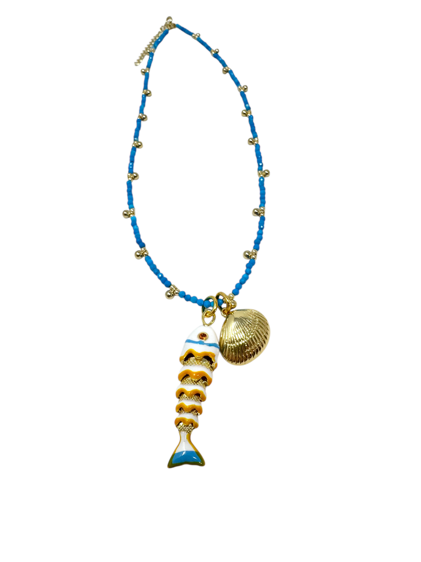 ARTICULATED FISH ON GEMSTONE BEADED NECKLACE
