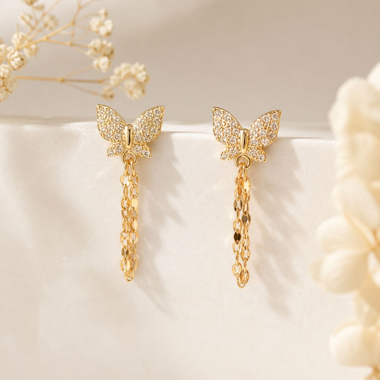 Pave Butterfly Chain Earrings